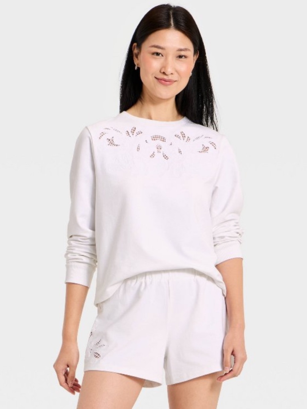 A New Day Leisure Sweat Set - Sweatshirt and Shorts White Eyelet/Lace Medium
